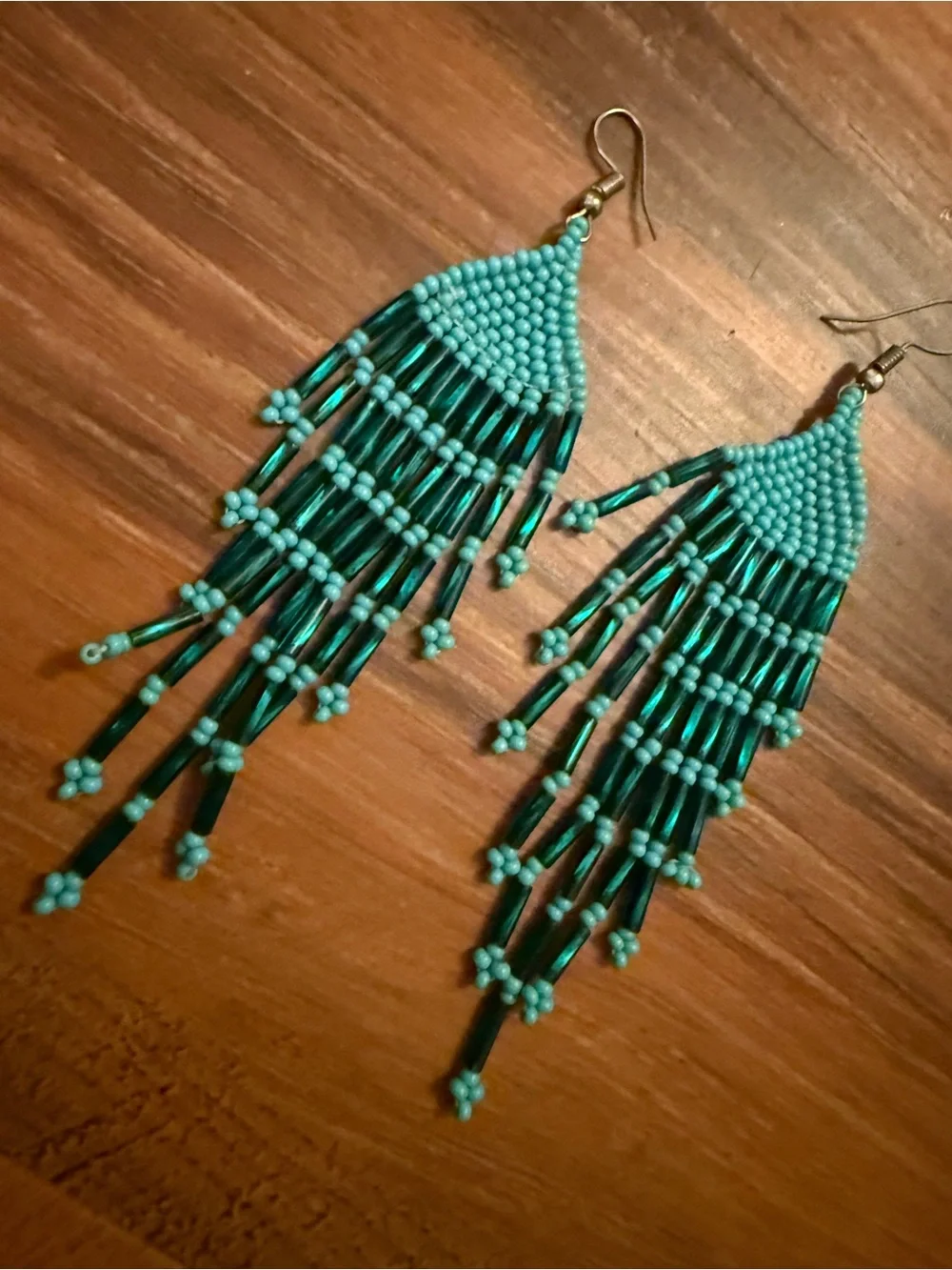 MEXICANA Teal Beaded Fringe Earrings